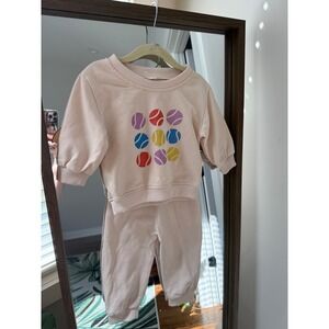 Minilolie Kids Sweatshirt & Jogger Set Outfit 12-18M Tennis Balls Beige EUC